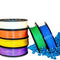 Colorful spools of 3D printing materials for orthotics and prosthetics showcasing high-performance polymers.
