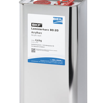 Beil Acrylic 8020 Resin container for prosthetic laminations, enhancing bonding and smooth finishes in orthotic fabrication.